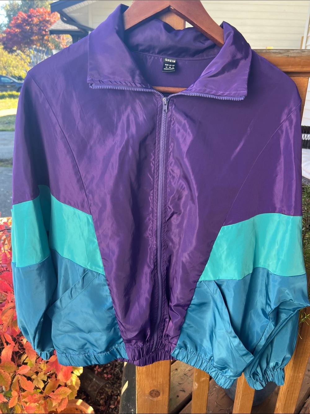 SHEIN Purple Teal Colorblock Bomber Jacket